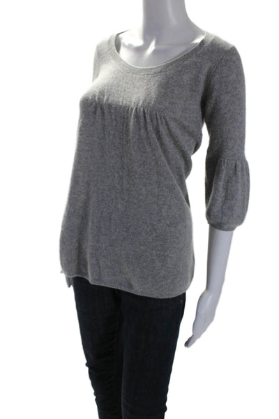 Vince Womens Round Neck Cashmere Half Sleeve Rib Pullover Sweater Gray Size S