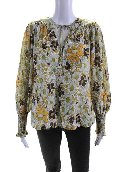 Rebecca Taylor Womens Long Sleeve V Neck Floral Blouse Green White Yellow Small