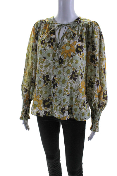 Rebecca Taylor Womens Long Sleeve V Neck Floral Blouse Green White Yellow Small