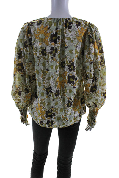 Rebecca Taylor Womens Long Sleeve V Neck Floral Blouse Green White Yellow Small