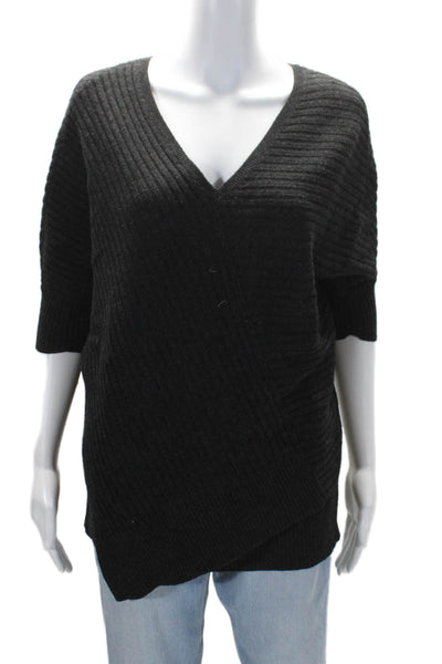 Vince Womens Ribbed Short Sleeves V Neck Pullover Sweater Black Size Small