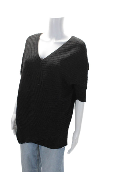 Vince Womens Ribbed Short Sleeves V Neck Pullover Sweater Black Size Small