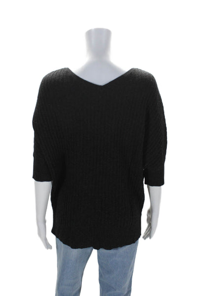 Vince Womens Ribbed Short Sleeves V Neck Pullover Sweater Black Size Small