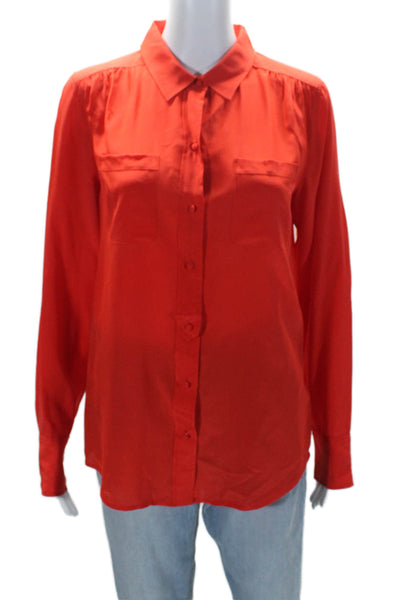 J Crew Womens Silk Long Sleeves Button Down Crew Neck Blouse Red Size Small