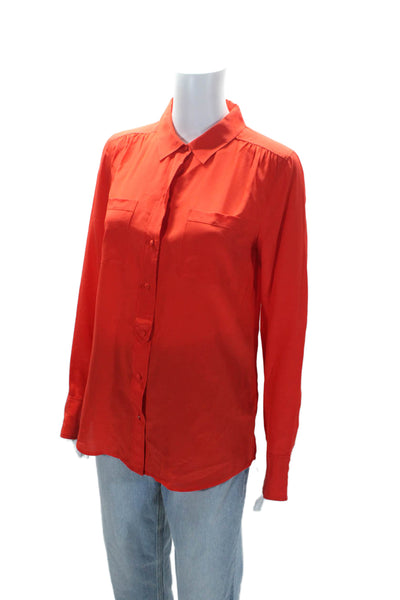 J Crew Womens Silk Long Sleeves Button Down Crew Neck Blouse Red Size Small