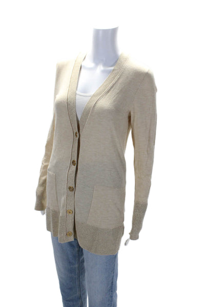 Lilly Pulitzer Womens Long Sleeves Cardigan Sweater Beige Gold Metallic Size Med