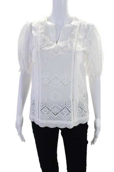 J. Mclaughlin Womens Cotton Embroidered V-Neck Pullover Blouse Top White Size S