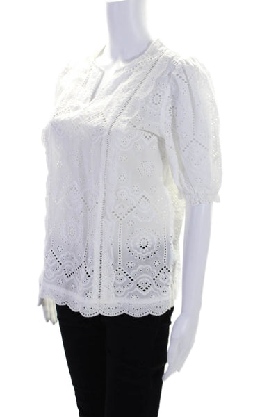 J. Mclaughlin Womens Cotton Embroidered V-Neck Pullover Blouse Top White Size S