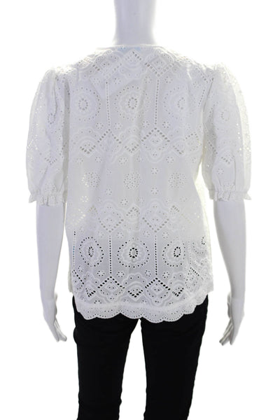 J. Mclaughlin Womens Cotton Embroidered V-Neck Pullover Blouse Top White Size S