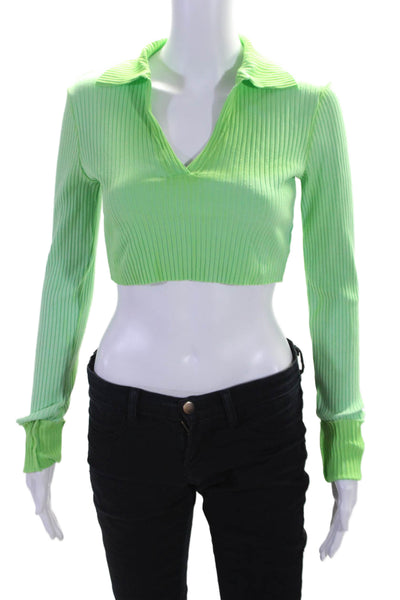 Cotton Citizen Womens Long Sleeve Collared V Neck Ribbed Crop Top Green Small