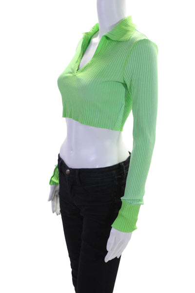 Cotton Citizen Womens Long Sleeve Collared V Neck Ribbed Crop Top Green Small