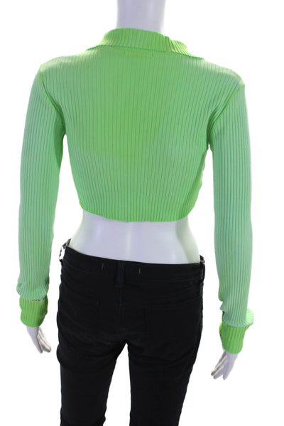 Cotton Citizen Womens Long Sleeve Collared V Neck Ribbed Crop Top Green Small