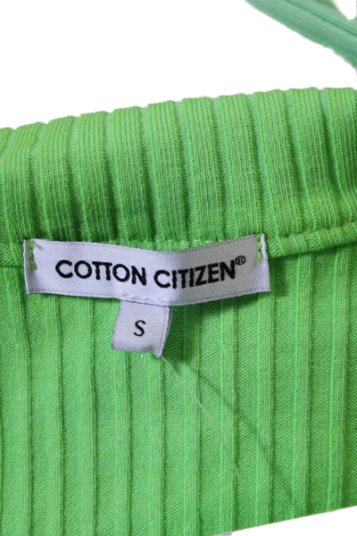 Cotton Citizen Womens Long Sleeve Collared V Neck Ribbed Crop Top Green Small