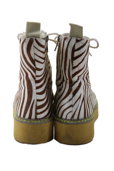 Urban Outfitters Womens Animal Print Lace Up Ankle Boots White Brown Size 8