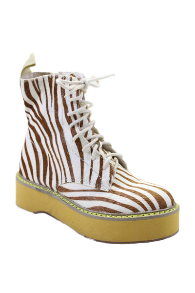 Urban Outfitters Womens Animal Print Lace Up Ankle Boots White Brown Size 6