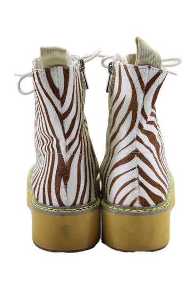 Urban Outfitters Womens Animal Print Lace Up Ankle Boots White Brown Size 6