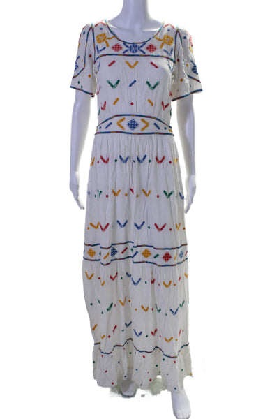 Ba&Sh Womens Embroidered Short Sleeves A Line Maxi Dress White Multi Colored Siz