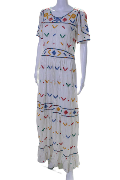 Ba&Sh Womens Embroidered Short Sleeves A Line Maxi Dress White Multi Colored Siz