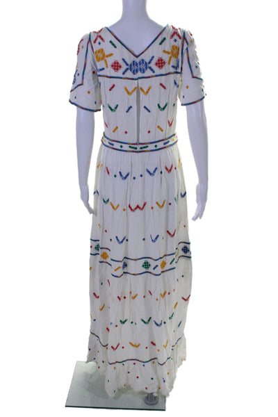 Ba&Sh Womens Embroidered Short Sleeves A Line Maxi Dress White Multi Colored Siz