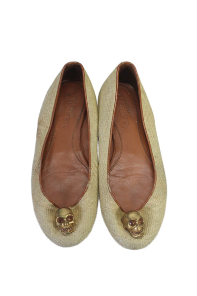 Alexander McQueen Womens Beige Skull Embellished Ballet Flats Shoes Size 8.5