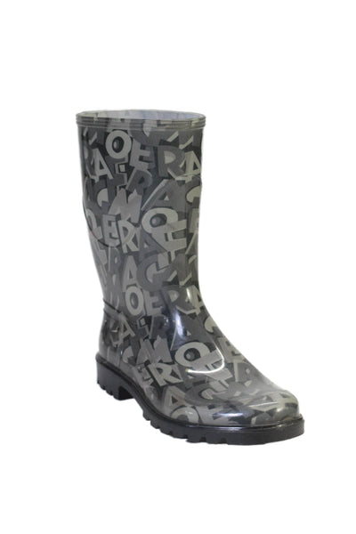 Salvatore Ferragamo Womens Gray Graphic Print Rubber Rain Boots Shoes Size 5