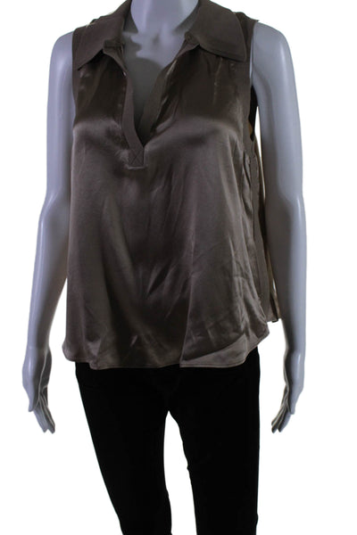 Cinq A Sept Womens Silk Ribbed Collared V-Neck Sleeveless Blouse Top Tan Size M