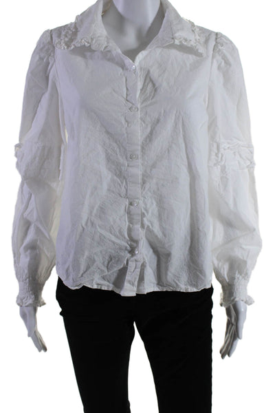 Walter Baker Womens Cotton Long Sleeve Ruffle Trim Buttoned Shirt White Size M