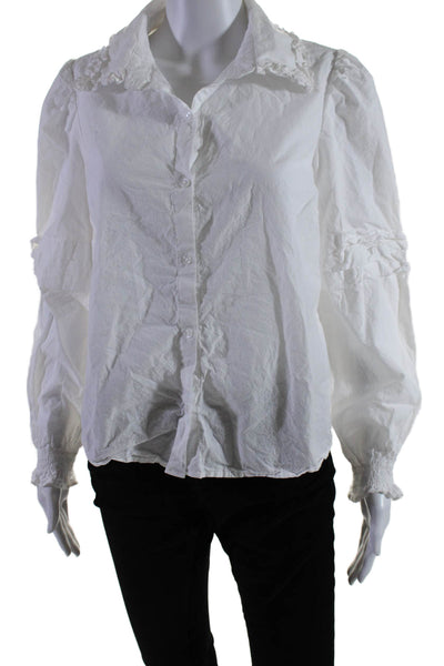 Walter Baker Womens Cotton Long Sleeve Ruffle Trim Buttoned Shirt White Size M