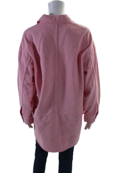 Zara Womens Cotton Neon Pink Collar Button Front Long Sleeve Denim Jacket Size S