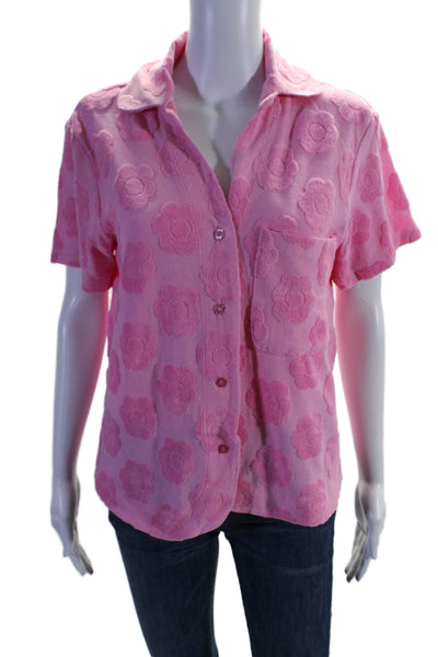 Frankies Bikinis Women's Collared Short Sleeves Button Down Shirt Pink Size XS