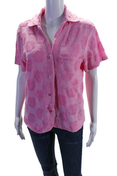 Frankies Bikinis Women's Collared Short Sleeves Button Down Shirt Pink Size XS