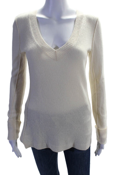 Aqua Cashmere Womens Cashmere Knit V-Neck Pullover Sweater Top Cream Size M