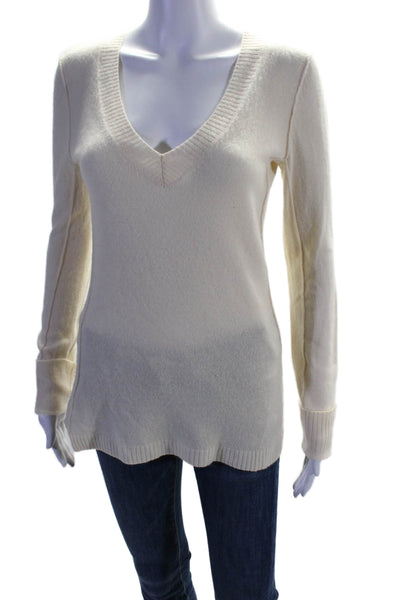 Aqua Cashmere Womens Cashmere Knit V-Neck Pullover Sweater Top Cream Size M