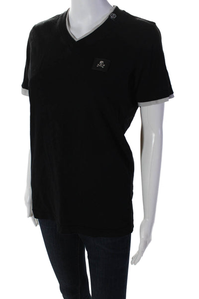 Phillip Plein Womens Cotton V-Neck Short Sleeve Pullover T-Shirt Top Black Size