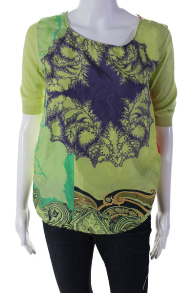 Etro Milano Womens Abstract Short Sleeve Round Neck Blouse Top Green Size S