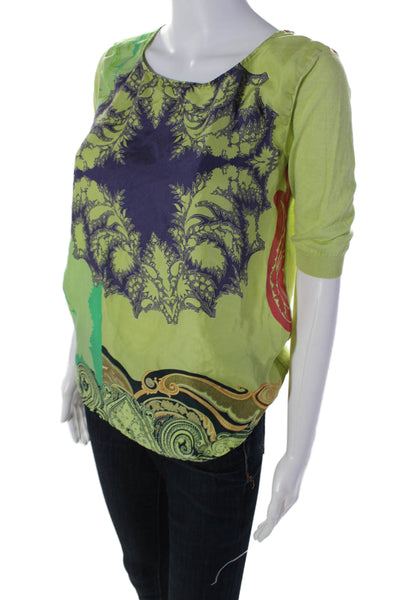 Etro Milano Womens Abstract Short Sleeve Round Neck Blouse Top Green Size S