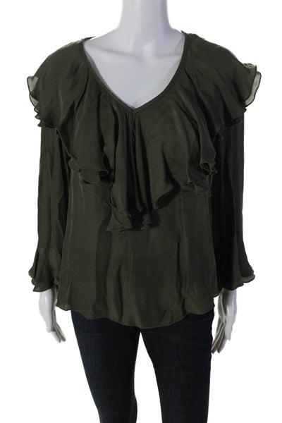 Trina Turk Womens Long Sleeve V Neck Ruffle Blouse Olive Green Size S