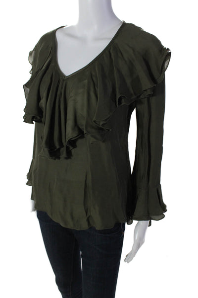 Trina Turk Womens Long Sleeve V Neck Ruffle Blouse Olive Green Size S