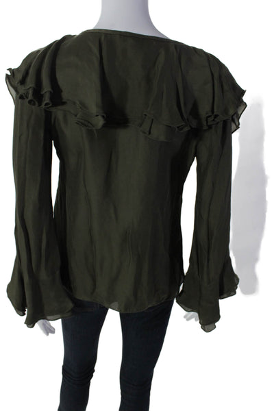 Trina Turk Womens Long Sleeve V Neck Ruffle Blouse Olive Green Size S