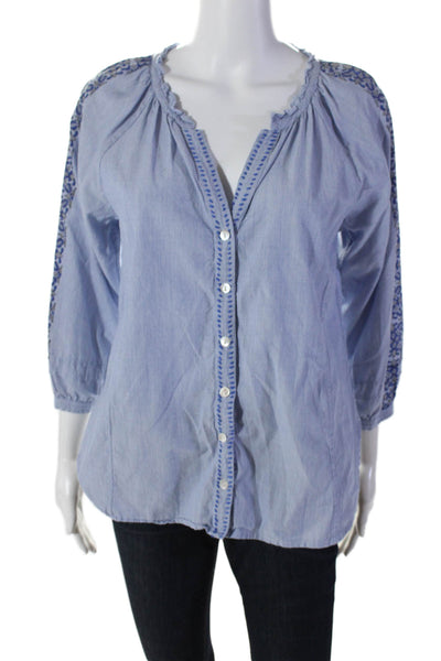 Roller Rabbit Womens Cotton Striped V Neck Button Down Blouse Blue Size S