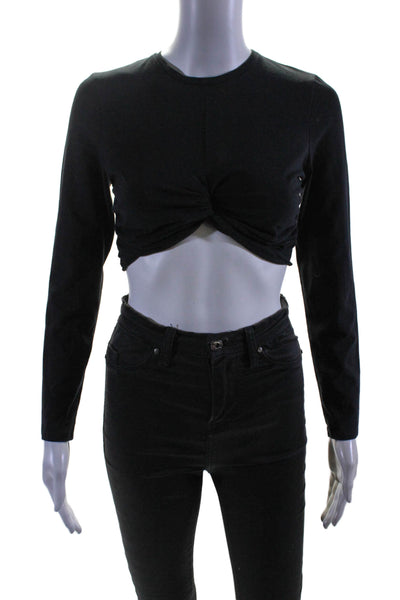 Beaufille Womens Long Sleeve Crew Neck Twist Crop Top Black Cotton Size Medium