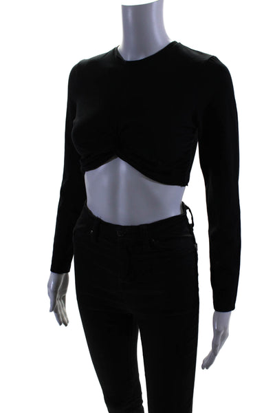 Beaufille Womens Long Sleeve Crew Neck Twist Crop Top Black Cotton Size Medium