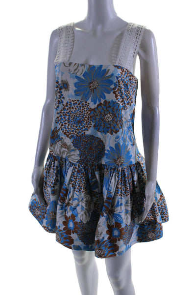 AMUR Womens Back Zip Lace Strap Floral Mini A Line Dess Blue White Size 4