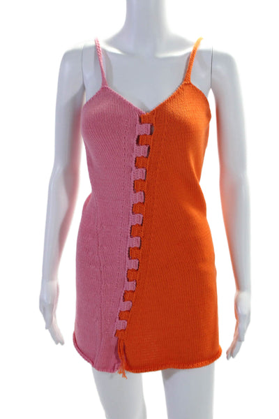 Tach Clothing Womens Sleeveless V Neck Crochet Knit Mini Dress Orange Pink XS