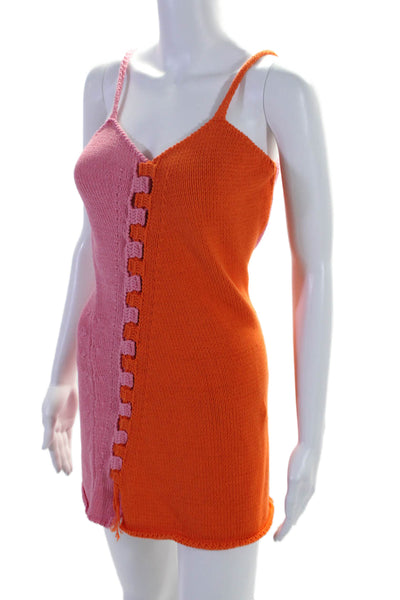 Tach Clothing Womens Sleeveless V Neck Crochet Knit Mini Dress Orange Pink XS