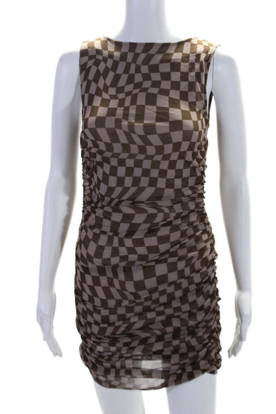 Urban Outfitters Womens Sleeveless Boat Neck Mesh Check Dress Brown Size Small