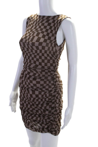 Urban Outfitters Womens Sleeveless Boat Neck Mesh Check Dress Brown Size Small