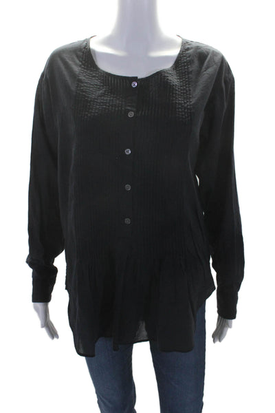 Theory Womens Cotton Long Sleeve Button Up Pleated Blouse Navy Size S