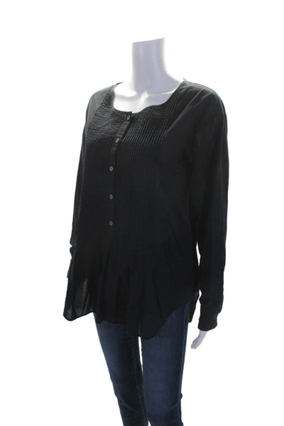 Theory Womens Cotton Long Sleeve Button Up Pleated Blouse Navy Size S