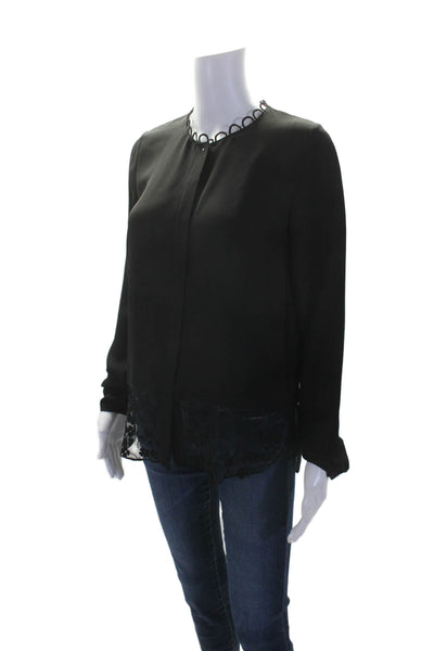 Elie Tahari Womens Silk Long Sleeve Floral Embroidered Blouse Black Size XS